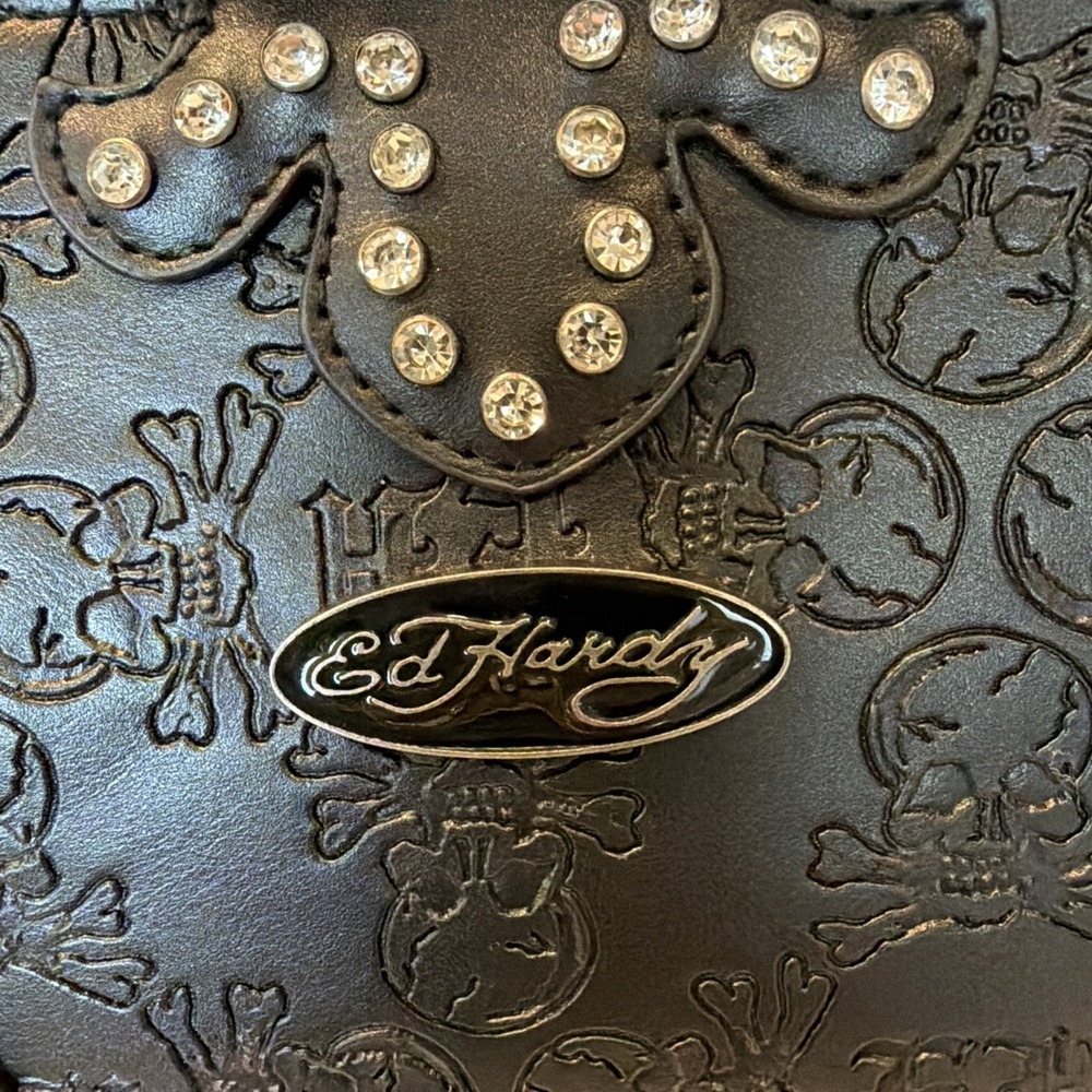 Ed Hardy Black Rhinestone Mini Purse Crossbody Shoulder Bag with Charms - Picture 6 of 16